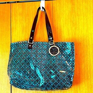 Tory Burch logo clear plastic handle tote bag with attached zip wallet pouch GUC
